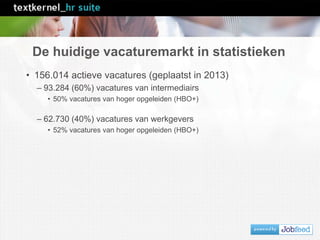 De huidige vacaturemarkt in statistieken
• 156.014 actieve vacatures (geplaatst in 2013)
– 93.284 (60%) vacatures van intermediairs
• 50% vacatures van hoger opgeleiden (HBO+)
– 62.730 (40%) vacatures van werkgevers
• 52% vacatures van hoger opgeleiden (HBO+)
 
