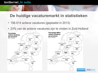 De huidige vacaturemarkt in statistieken
• 156.014 actieve vacatures (geplaatst in 2013)
• 23% van de actieve vacatures zijn te vinden in Zuid-Holland
 