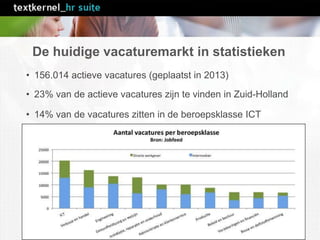 De huidige vacaturemarkt in statistieken
• 156.014 actieve vacatures (geplaatst in 2013)
• 23% van de actieve vacatures zijn te vinden in Zuid-Holland
• 14% van de vacatures zitten in de beroepsklasse ICT
 