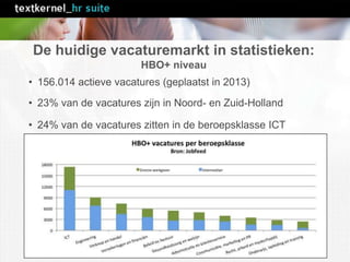 De huidige vacaturemarkt in statistieken:
HBO+ niveau
• 156.014 actieve vacatures (geplaatst in 2013)
• 23% van de vacatures zijn in Noord- en Zuid-Holland
• 24% van de vacatures zitten in de beroepsklasse ICT
 