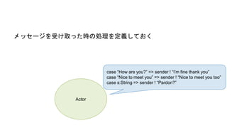 メッセージを受け取った時の処理を定義しておく
Actor
case “How are you?” => sender ! “I’m fine thank you”
case “Nice to meet you” => sender ! “Nice to meet you too”
case s:String => sender ! “Pardon?”
 
