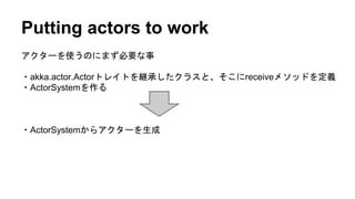 Putting actors to work
アクターを使うのにまず必要な事
・akka.actor.Actorトレイトを継承したクラスと、そこにreceiveメソッドを定義
・ActorSystemを作る
・ActorSystemからアクターを生成
 