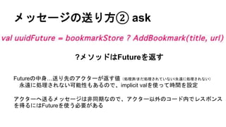メッセージの送り方② ask
?メソッドはFutureを返す
Futureの中身…送り先のアクターが返す値（処理済/まだ処理されていない/永遠に処理されない）
永遠に処理されない可能性もあるので、implicit valを使って時間を設定
アクターへ送るメッセージは非同期なので、アクター以外のコード内でレスポンス
を得るにはFutureを使う必要がある
 