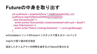 Futureの中身を取り出す
onCompleteメソッドはFutureインスタンスで使えるコールバック
mapToで戻り値の型を指定
設定したタイムアウトの時間を過ぎるとFailureが返される
 
