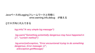JavaベースのLoggingフレームワークと同様に
error,warning,info,debug が使える
{}でログ内に代入できる
 