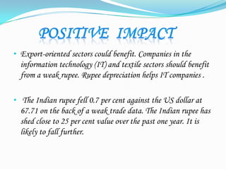 • Export-oriented sectors could benefit. Companies in the
information technology (IT) and textile sectors should benefit
from a weak rupee. Rupee depreciation helps IT companies .
• The Indian rupee fell 0.7 per cent against the US dollar at
67.71 on the back of a weak trade data. The Indian rupee has
shed close to 25 per cent value over the past one year. It is
likely to fall further.
 