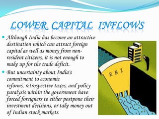  Although India has become an attractive
destination which can attract foreign
capital as well as money from non-
resident citizens, it is not enough to
make up for the trade deficit.
 But uncertainty about India's
commitment to economic
reforms, retrospective taxes, and policy
paralysis within the government have
forced foreigners to either postpone their
investment decisions, or take money out
of Indian stock markets.
 