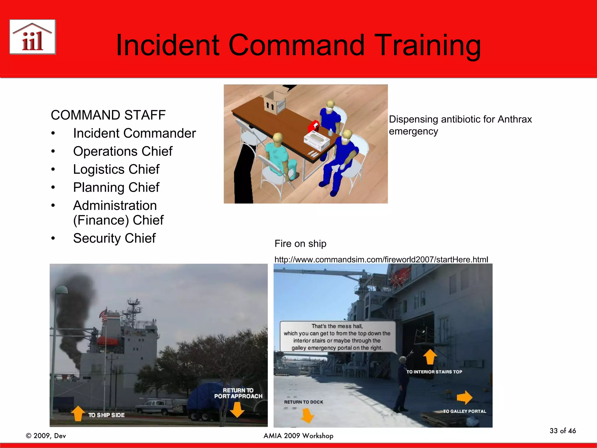 Incident Command Training COMMAND STAFF Incident Commander Operations Chief Logistics Chief Planning Chief Administration (Finance) Chief Security Chief Dispensing antibiotic for Anthrax emergency Fire on ship http://www.commandsim.com/fireworld2007/startHere.html 