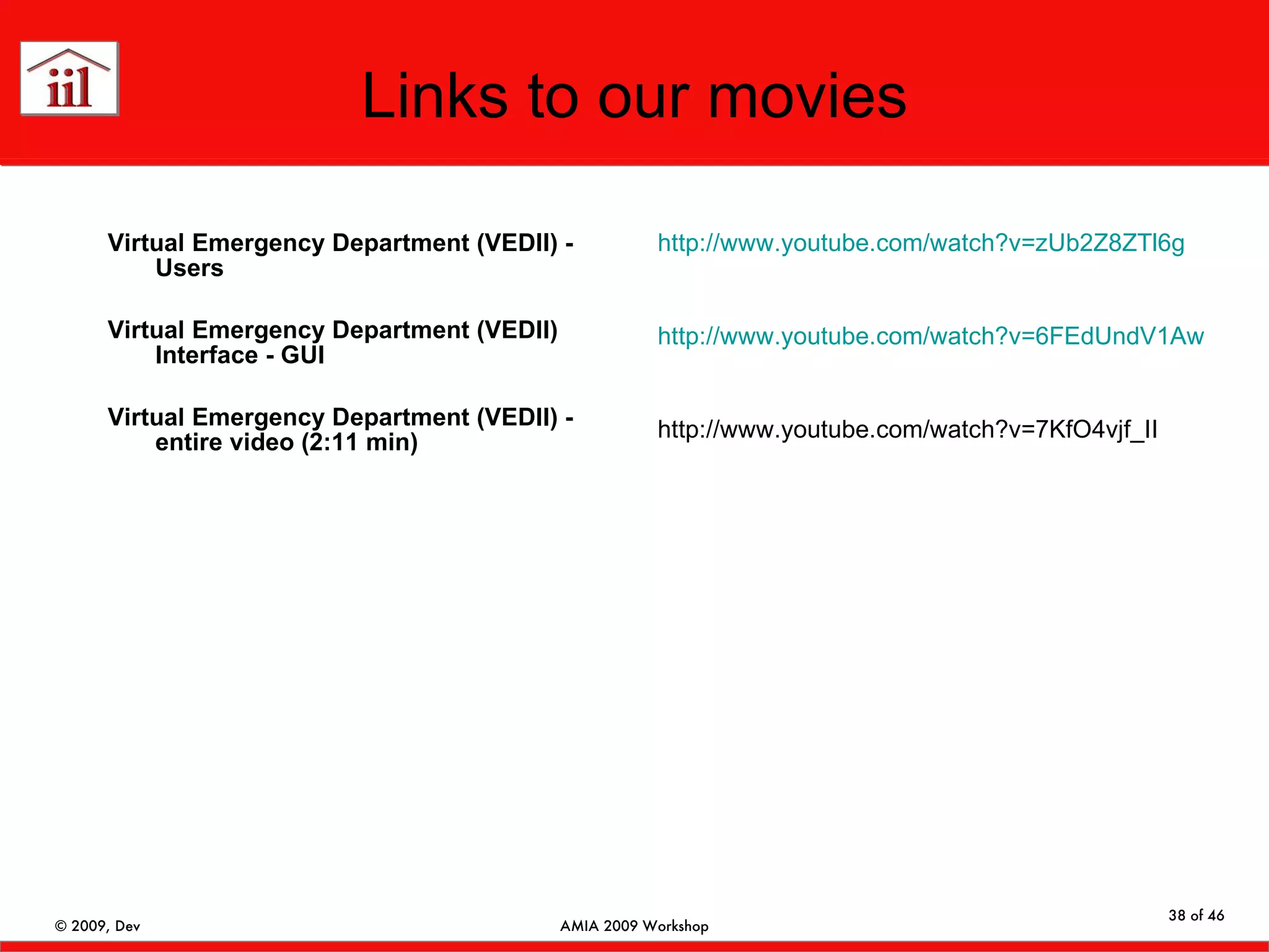 Links to our movies Virtual Emergency Department (VEDII) - Users Virtual Emergency Department (VEDII) Interface - GUI Virtual Emergency Department (VEDII) - entire video (2:11 min) http://www.youtube.com/watch?v=zUb2Z8ZTl6g http://www.youtube.com/watch?v=6FEdUndV1Aw http://www.youtube.com/watch?v=7KfO4vjf_II 