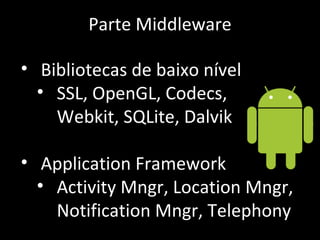 Parte Middleware Bibliotecas de baixo nível SSL, OpenGL, Codecs,  Webkit, SQLite, Dalvik Application Framework Activity Mngr, Location Mngr, Notification Mngr, Telephony 