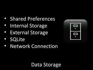 Data Storage Shared Preferences Internal Storage External Storage SQLite Network Connection 