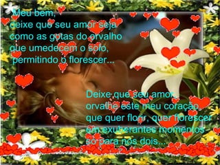 Meu bem, deixe que seu amor seja  como as gotas do orvalho  que umedecem o solo, permitindo o florescer...  Deixe que seu amor, orvalhe este meu coração, que quer florir, quer florescer em exuberantes momentos só para nós dois...  