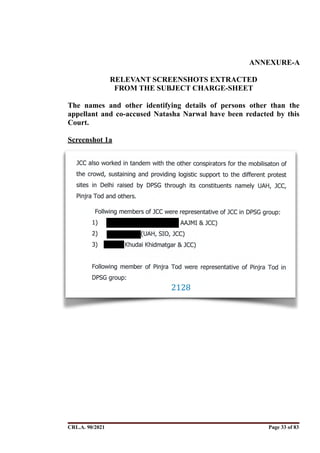 ANNEXURE-A
RELEVANT SCREENSHOTS EXTRACTED
FROM THE SUBJECT CHARGE-SHEET
The names and other identifying details of persons other than the
appellant and co-accused Natasha Narwal have been redacted by this
Court.
Screenshot 1a
CRL.A. 90/2021 Page ! of !
33 83
Signed By:SUNITA RAWAT
Location:
Signing Date:15.06.2021
10:30:51
Signature Not Verified
 
