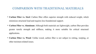 COMPARISON WITH TRADITIONAL MATERIALS
• Carbon Fiber vs. Steel: Carbon fiber offers superior strength with reduced weight, which
minimizes structural load and requires less foundational support.
• Carbon Fiber vs. Aluminum: Although both materials are lightweight, carbon fiber provides
greater tensile strength and stiffness, making it more suitable for critical structural
applications.
• Carbon Fiber vs. Wood: Unlike wood, carbon fiber is not subject to rotting, warping, or
other moisture-related issues.
 