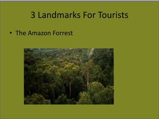 3 Landmarks For Tourists
• The Amazon Forrest
 