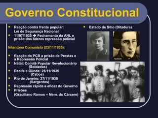 Governo Constitucional
Reação contra frente popular:
Lei de Segurança Nacional
 11/07/1935  Fechamento da ANL e
prisão dos líderes repressão policial


Intentona Comunista (23/11/1935):







Reação do PCB a prisão de Prestas e
a Repressão Policial
Natal: Comitê Popular Revolucionário
(Soldados)
Recife e Olinda: 25/11/1935
(Cabos)
Rio de Janeiro: 27/11/1935
(Sargentos)
Repressão rápida e eficaz do Governo
Prisões
(Graciliano Ramos – Mem. do Cárcere)



Estado de Sítio (Ditadura)

 