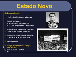 Estado Novo
Redemocratização


1943 – Manifesto dos Mineiros



Brasil na Guerra:
# Ao lado das Democracias
# Contra os Regimes Totalitários

Convocação das Novas Eleições
 Anistia aos presos políticos




Formação dos Partidos Políticos:
PSD, UDN, PTB, PSB, PCB



Queremismo

Golpe militar derruba Vargas
(29/10/1945)
 Fim do Estado Novo


 