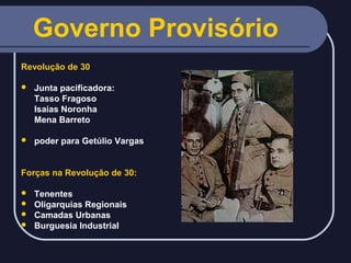 Governo Provisório
Revolução de 30


Junta pacificadora:
Tasso Fragoso
Isaías Noronha
Mena Barreto



poder para Getúlio Vargas

Forças na Revolução de 30:
Tenentes
 Oligarquias Regionais
 Camadas Urbanas
 Burguesia Industrial


 