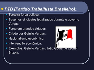  PTB

(Partido Trabalhista Brasileiro):



Terceira força política.



Base nos sindicatos legalizados durante o governo
Vargas.



Força em grandes cidades.



Criado por Getúlio Vargas.



Nacionalismo econômico.



Intervenção econômica.



Exemplos: Getúlio Vargas, João Goulart e Leonel
Brizola.

 