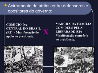 Acirramento

de atritos entre defensores e
opositores do governo:

COMÍCIO DA
CENTRAL DO BRASIL
(RJ) - Manifestação de
apoio ao presidente.

X

MARCHA DA FAMÍLIA
COM DEUS PELA
LIBERDADE (SP) –
Manifestação contrária
ao presidente.

 