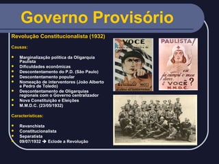 Governo Provisório
Revolução Constitucionalista (1932)
Causas:









Marginalização política da Oligarquia
Paulista
Dificuldades econômicas
Descontentamento do P.D. (São Paulo)
Descontentamento popular
Nomeação de interventores (João Alberto
e Pedro de Toledo)
Descontentamento de Oligarquias
regionais com o Governo centralizador
Nova Constituição e Eleições
M.M.D.C. (23/05/1932)

Características:





Revanchista
Constitucionalista
Separatista
09/07/1932  Eclode a Revolução

 