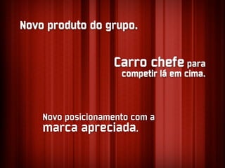 Novo produto do grupo.


                   Carro chefe para
                     competir lá em cima.



    Novo posicionamento com a
    marca apreciada.
 