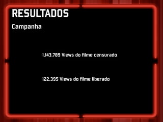 RESULTADOS
Campanha


           1.143.789 Views do ﬁlme censurado



           122.395 Views do ﬁlme liberado
 