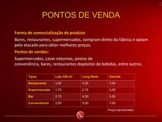 PONTOS DE VENDA
Forma de comercialização do produto
Bares, restaurantes, supermercados, compram direto da fábrica e optam
pelo atacado para obter melhores preços.
Pontos de vendas:
Supermercados, casas noturnas, postos de
conveniência, bares, restaurantes depósitos de bebidas, entre outros.
Tipos Lata 350 ml Long Neck Garrafa
Restaurante 3,50 5,00 7,00
Supermercado 1,73 2,75 3,00
Bar 2,70 4,00 3,50
Conveniência 3,50 5,00 7,00
Preços aproximados.
 