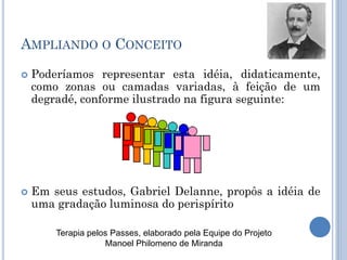 AMPLIANDO O CONCEITO
 Poderíamos representar esta idéia, didaticamente,
como zonas ou camadas variadas, à feição de um
degradé, conforme ilustrado na figura seguinte:
 Em seus estudos, Gabriel Delanne, propôs a idéia de
uma gradação luminosa do perispírito
Terapia pelos Passes, elaborado pela Equipe do Projeto
Manoel Philomeno de Miranda
 