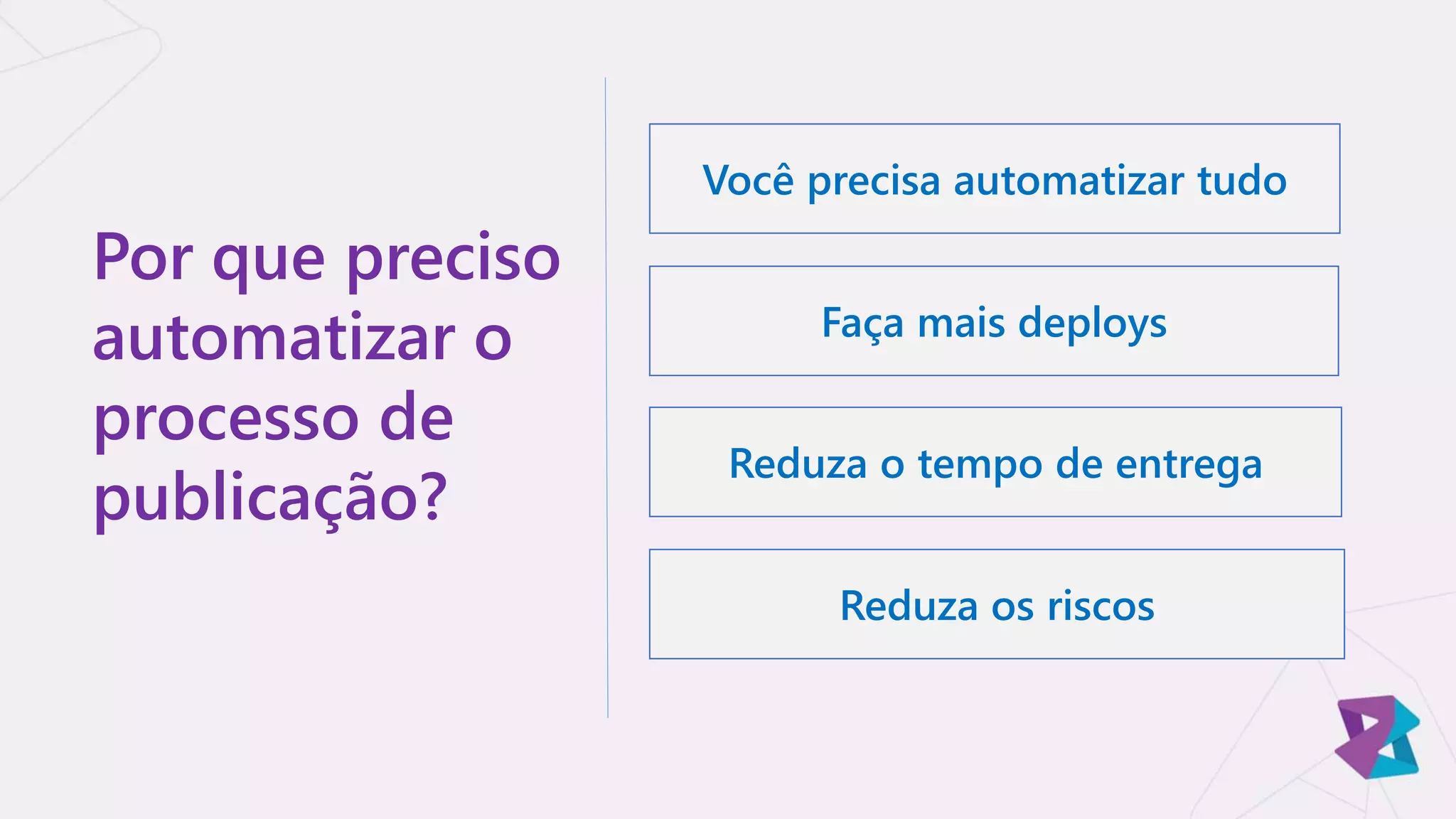 Por que preciso
automatizar o
processo de
publicação?
Você precisa automatizar tudo
Faça mais deploys
Reduza o tempo de entrega
Reduza os riscos
 
