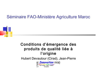 Séminaire FAO-Ministère Agriculture Maroc
Conditions d’émergence des
produits de qualité liée à
l’origine
Hubert Devautour (Cirad), Jean-Pierre
Boutonnet (Inra)
 