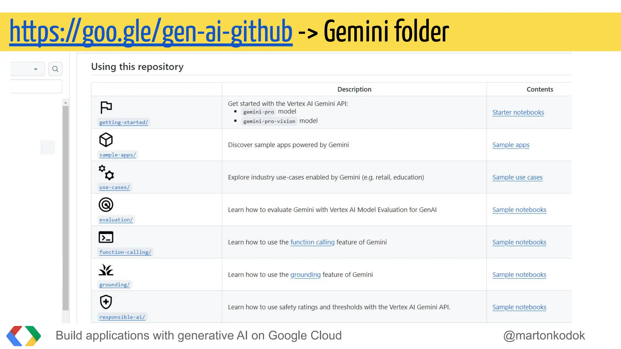 Build applications with generative AI on Google Cloud @martonkodok
https://goo.gle/gen-ai-github -> Gemini folder
 