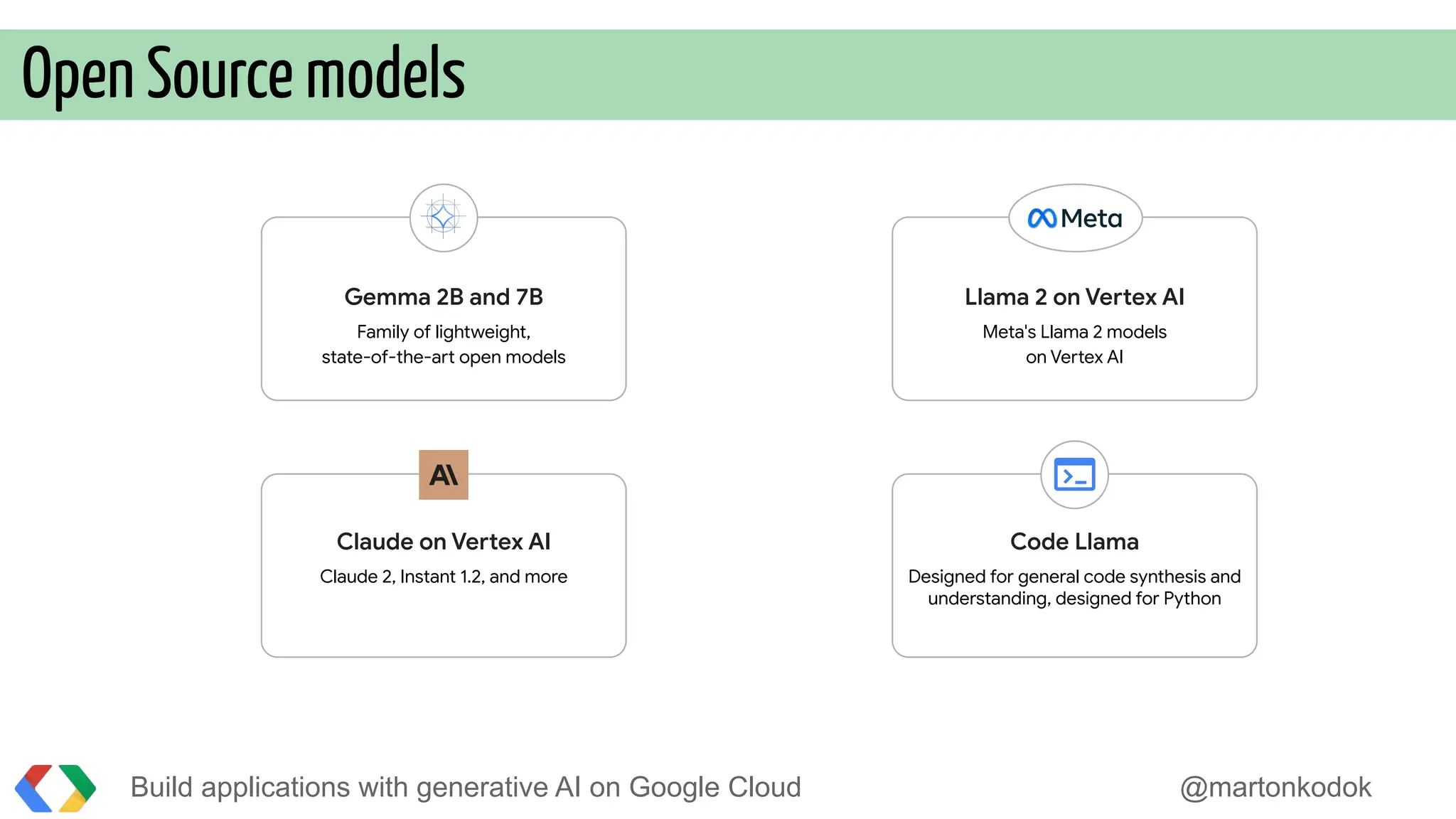 Build applications with generative AI on Google Cloud @martonkodok
Open Source models
Llama 2 on Vertex AI
Meta's Llama 2 models
on Vertex AI
Code Llama
Designed for general code synthesis and
understanding, designed for Python
Gemma 2B and 7B
Family of lightweight,
state-of-the-art open models
Claude on Vertex AI
Claude 2, Instant 1.2, and more
 
