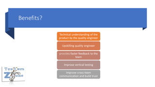 Benefits?
Technical understanding of the
product by the quality engineer
Upskilling quality engineer
provides faster feedback to the
team
Improve vertical testing
Improve cross-team
communication and build trust
 
