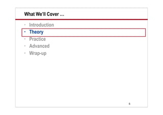 What We’ll Cover …
•   Introduction
•   Theory
•   Practice
•   Advanced
•   Wrap-up




                     5
 