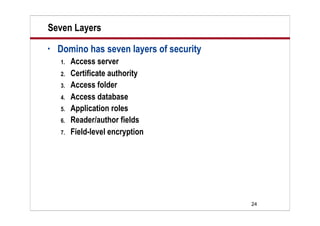 24
Seven Layers
• Domino has seven layers of security
1. Access server
2. Certificate authority
3. Access folder
4. Access database
5. Application roles
6. Reader/author fields
7. Field-level encryption
 