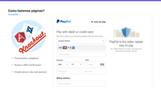 Como fazíamos páginas?
Conceitos
Frameworks completas
Acesso a API’s do Browser
Estado ativo e não mais passivo
 