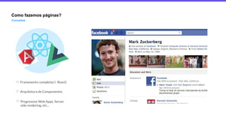 Como fazemos páginas?
Conceitos
Frameworks completas (- React)
Arquitetura de Componentes
Progressive Web Apps, Server
side rendering, etc...
 