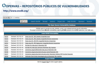 OPENVAS – REPOSITÓRIOS PÚBLICOS DE VULNERABILIDADES
http://www.osvdb.org/
 