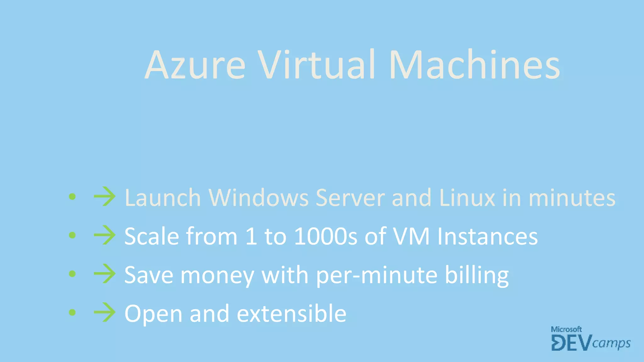 Azure Virtual Machines
•  Launch Windows Server and Linux in minutes
•  Scale from 1 to 1000s of VM Instances
•  Save money with per-minute billing
•  Open and extensible
 