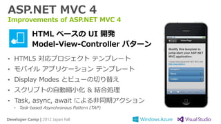ASP.NET MVC 4
Improvements of ASP.NET MVC 4

            HTML ベースの UI 開発
            Model-View-Controller パターン
• HTML5 対応プロジェクト テンプレート
• モバイル アプリケーション テンプレート
• Display Modes とビューの切り替え
• スクリプトの自動縮小化 & 結合処理
• Task, async, await による非同期アクション
   •   Task-based Asynchronous Pattern (TAP)

Developer Camp | 2012 Japan Fall
 