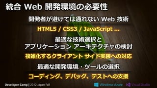 統合 Web 開発環境の必要性
                開発者が避けては通れない Web 技術
                       HTML5 / CSS3 / JavaScript ...

                   最適な技術選択と
              アプリケーション アーキテクチャの検討
              複雑化するクライアント サイド実装への対応

                       最適な開発環境・ツールの選択
                 コーディング、デバッグ、テストへの支援
Developer Camp | 2012 Japan Fall
 