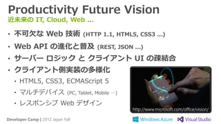 Productivity Future Vision
近未来の IT, Cloud, Web ...

• 不可欠な Web 技術 (HTTP 1.1, HTML5, CSS3 ...)
• Web API の進化と普及 (REST, JSON ...)
• サーバー ロジック と クライアント UI の疎結合
• クライアント側実装の多様化
   • HTML5, CSS3, ECMAScript 5
   • マルチデバイス                  (PC, Tablet, Mobile …)

   • レスポンシブ Web デザイン

Developer Camp | 2012 Japan Fall
 