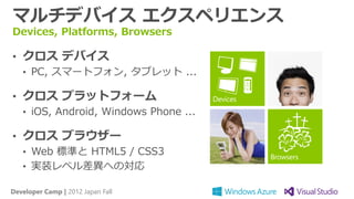 マルチデバイス エクスペリエンス
Devices, Platforms, Browsers

• クロス デバイス
  • PC, スマートフォン, タブレット ...

• クロス プラットフォーム
  • iOS, Android, Windows Phone ...

• クロス ブラウザー
  • Web 標準と HTML5 / CSS3
  • 実装レベル差異への対応

Developer Camp | 2012 Japan Fall
 