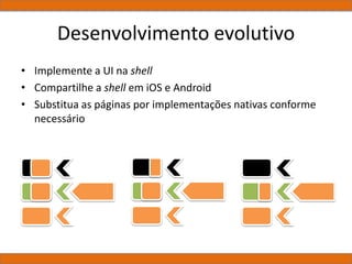 Desenvolvimento evolutivo
• Implemente a UI na shell
• Compartilhe a shell em iOS e Android
• Substitua as páginas por implementações nativas conforme
necessário
 