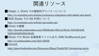 関連リソース
Delphi と DUnit での継続的デリバリーについて 
http://re-workstyle.com/articles/continuous-integration-with-delphi-and-dunit/
RAD Studio での Git 利用について 
http://re-workstyle.com/articles/rad-studio-git/
DUnit の概要 
http://docwiki.embarcadero.com/RADStudio/XE5/ja/DUnit_%E3%81%AE
%E6%A6%82%E8%A6%81
DUnit での NUnit 互換結果ファイル出力 (XMLTestRunner2.pas) 
http://cc.embarcadero.com/Item/28239
DUnitX 
http://www.finalbuilder.com/Resources/Blogs/PostId/697/introducing-dunitx
 