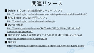 関連リソース
Delphi と DUnit での継続的デリバリーについて 
http://re-workstyle.com/articles/continuous-integration-with-delphi-and-dunit/
RAD S...