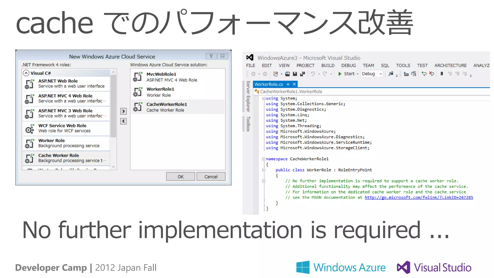 cache でのパフォーマンス改善




 No further implementation is required ...
Developer Camp | 2012 Japan Fall
 