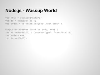 Node.js - Wassup World
var http = require('http');
var fs = require('fs');
var index = fs.readFileSync('index.html');
http.createServer(function (req, res) {
res.writeHead(200, {'Content-Type': 'text/html});
res.end(index);
}).listen(3000);
 