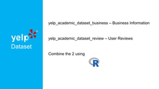 Dataset
yelp_academic_dataset_business – Business Information
yelp_academic_dataset_review – User Reviews
Combine the 2 using
 